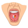 Open mouth with the medical pills on a tongue Royalty Free Stock Photo